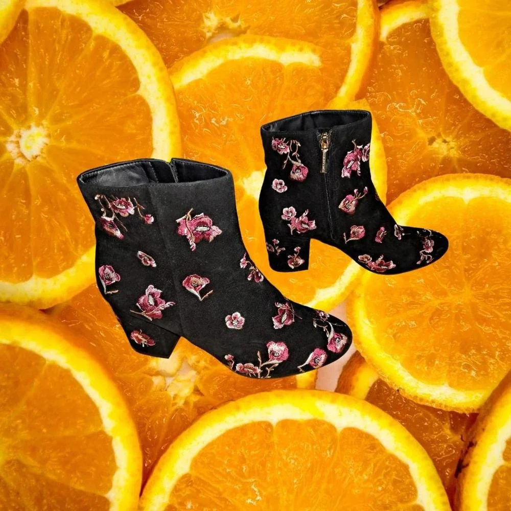 Karl Lagerfeld Black with Embroidered Pink Blower Ankle Boots‎ Size 8